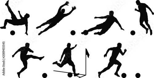 Set of professional soccer player silhouettes performing various dynamic actions and skills on white background