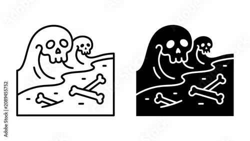 Bild auf Leinwand Skull Wave and Bones: A dark, artistic illustration depicting a menacing skull emerging from a powerful wave, accompanied by scattered bones, evoking a sense of danger and the macabre