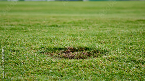 A small patch of missing grass in a perfect green lawn.