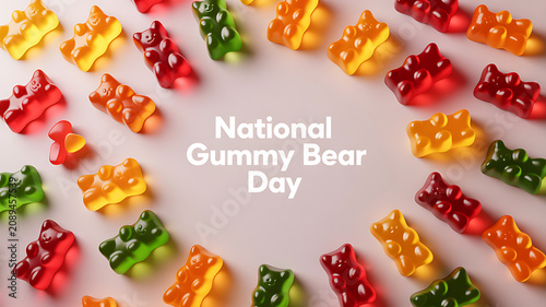 Colorful gummy bear candies arranged in a circular pattern celebrating National Gummy Bear Day