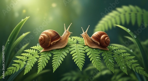 Two Snails on a Fern Leaf in a Lush Forest.
