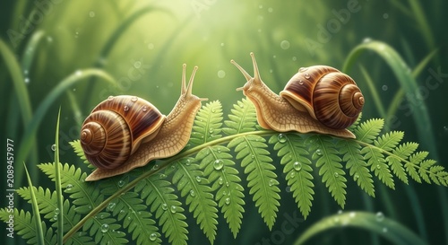 Two Snails on a Fern Leaf in Morning Sunlight.