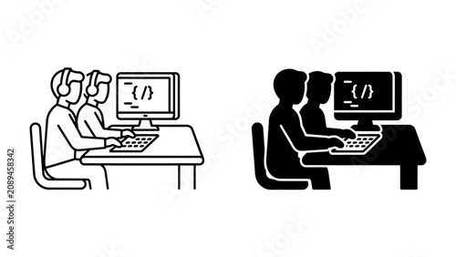 Принти на полотні Coding Buddies: Two individuals collaborate at a computer, immersed in the world of coding and digital creation, emphasizing teamwork in the tech industry