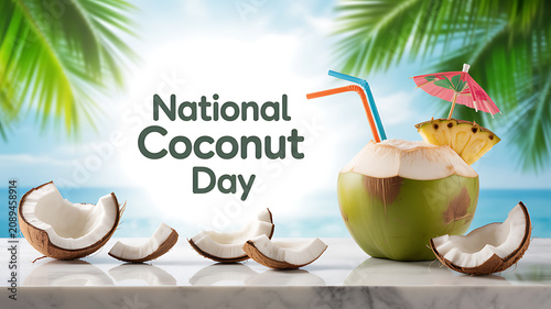 National Coconut Day celebration with fresh coconuts and tropical drink against a beach backdrop