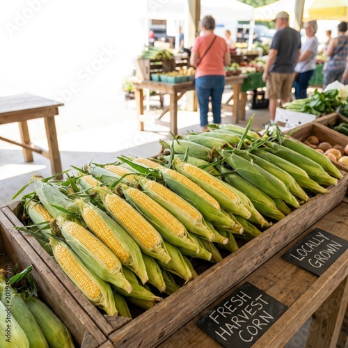 Fresh corn displayed at a local farmers market  organic produce  seasonal harvest  healthy food  agricultural business.
