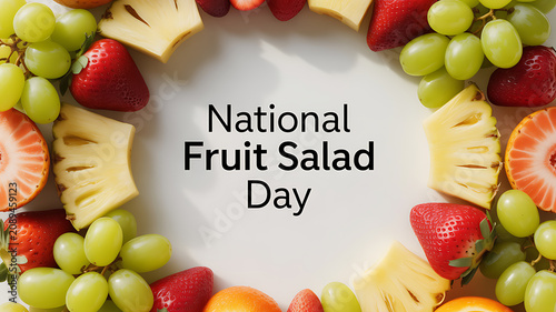 National Fruit Salad Day celebration with a colorful arrangement of fresh fruits including strawberries, grapes, pineapple, and oranges.