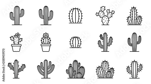 Collection of Line Art Cactus Icons: Desert Plants and Succulents