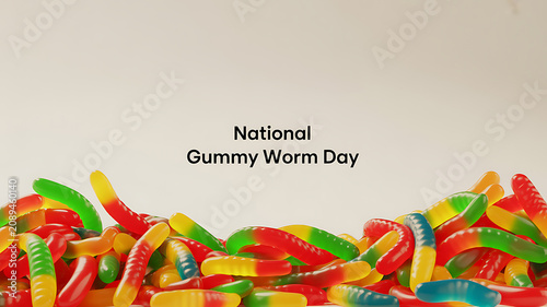 National Gummy Worm Day celebration with colorful gummy candies displayed against a neutral background