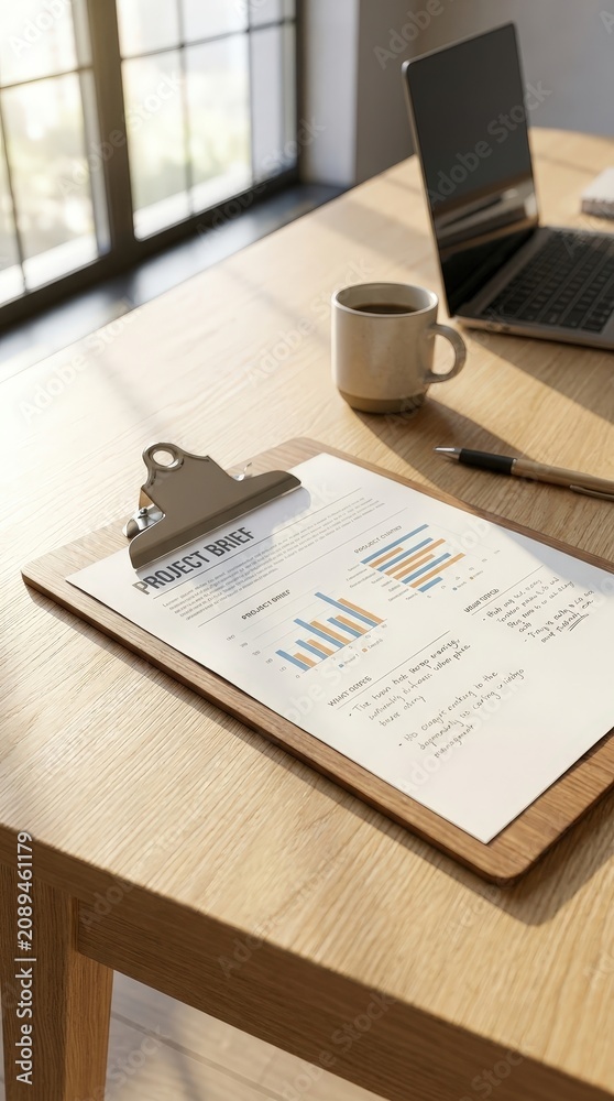 Obraz premium Clipboard with business charts on a modern office desk, analytics, corporate planning, productivity, professional workflow.