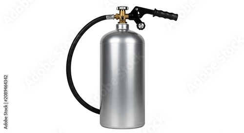 A silver metal fire extinguisher with a black hose and trigger handle, designed for safety and emergency fire suppression on white background