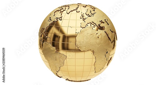 Shiny metallic golden globe showing continents with a grid pattern isolated on a plain white background, for global business concepts