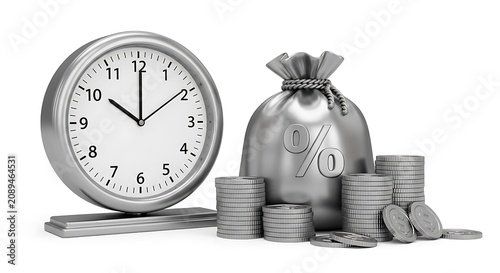 Silver analog clock standing next to a money bag and stacks of silver coins, representing financial time and investment on white background