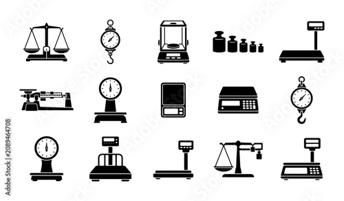 Black weighing scale icons set, 15 industrial and commercial measurement tools, digital and analog balance equipment vector collection