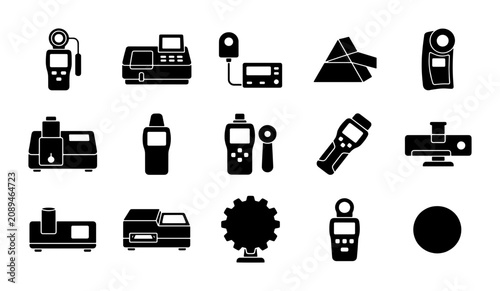 Obraz na plátně Scientific optical measurement instruments icon set, 15 black solid vector icons
