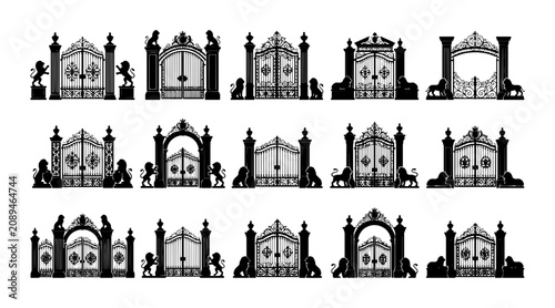 Schilderij op canvas Vintage wrought iron gate silhouettes, set of 15 ornate mansion entrance gates w