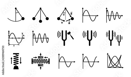 Photos Physics oscillation icons set, 15 black vector symbols of pendulum motion and wa