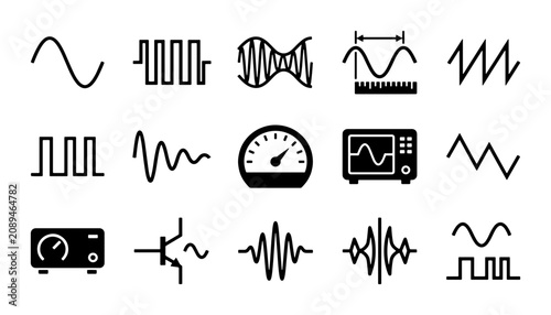 Φωτογραφία Electronic signal wave icons set, 15 black vector symbols of oscilloscope freque