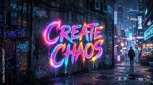 Vibrant graffiti on a city wall reading 'CREATE CHAOS' at night