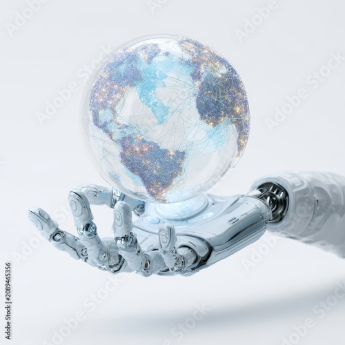 Robotic hand holding a glowing globe with a network of lines representing connections around the world