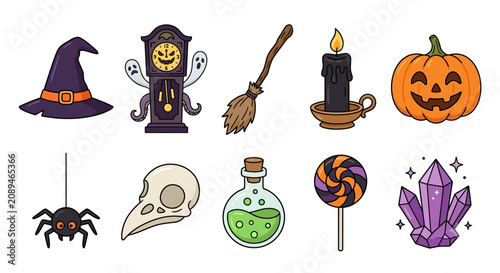 A collection of various Halloween-themed cartoon illustrations including a witch hat, broom, pumpkin, spider, skull, potion, and crystals.