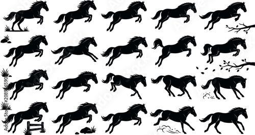 Photos Silhouette collection of powerful stallions and horses galloping, jumping over obstacles, running fast, and showing dynamic equestrian actions in a nature setting vector