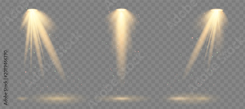 Three Christmas golden flashlights with subtle green and red blinks and sequins, spotlights, and light effects. Vector design elements, warm beams, and rays.