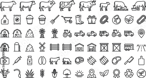 Konstfotografi Cattle farming and dairy agriculture line icon vector set featuring cows, barns,