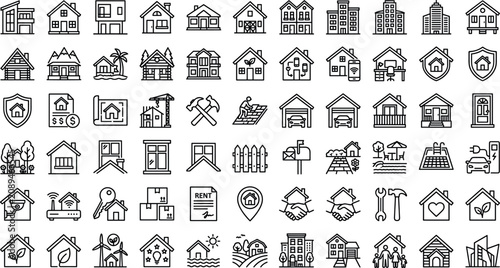 Real estate and home construction line icon vector set featuring residential houses, apartment buildings, property renovation tools, smart home security, and eco green energy elements