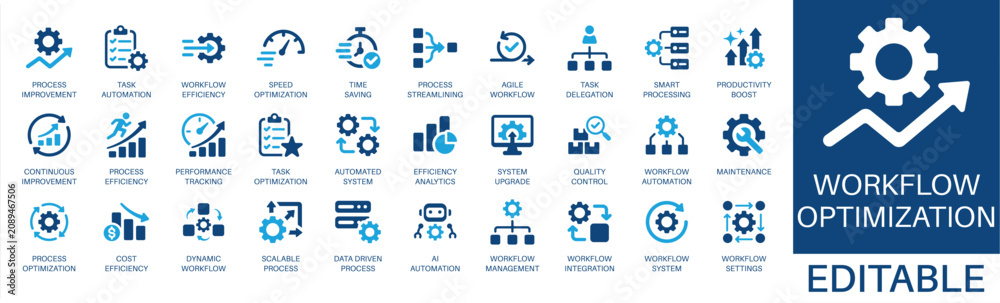 Fototapeta premium Workflow optimization and efficiency solid icon set. Featuring workflow automation, agile workflow, cost efficiency, time saving, and ai automation. Editable vector glyphs for work and productivity.
