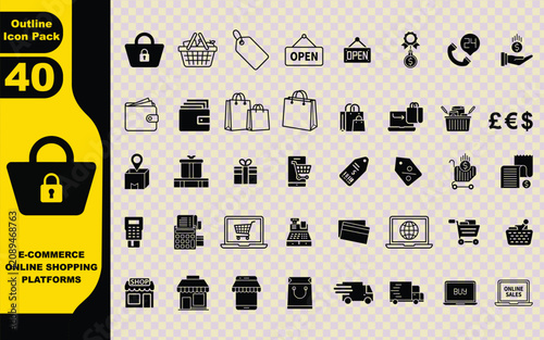e-commerce, online shopping platforms, shopping carts, payment methods, delivery trucks, wallets, and retail store fronts vector icons