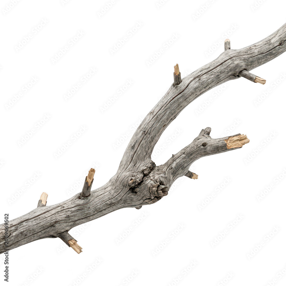 Fototapeta premium A bare gray tree branch with several cut ends and a rough texture on a white background isolated natural element transparent background