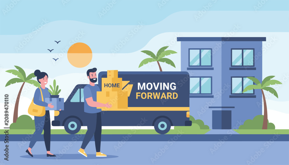 Naklejka premium Happy couple moving to a new apartment while carrying boxes next to a delivery truck saying moving forward.