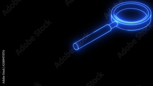 Moving Blue Neon Magnifying Glass Animation on Black Background – Search, Research and Digital Analysis Concept