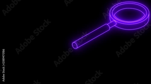 Moving Purple Neon Magnifying Glass Animation on Black Background – Search, Research and Digital Analysis Concept