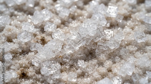 Sparkling salt crystals forming detailed geometric shapes on the textured surface of a natural dry lake