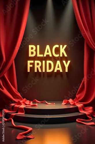Artwork showing BLACK FRIDAY text in large golden letters illuminated by spotlights with red curtains and circular platform draped in fabric