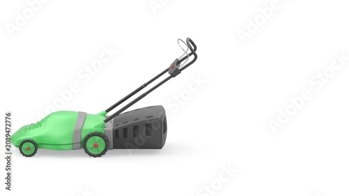 Green electric lawn mower driving from right to left on white background