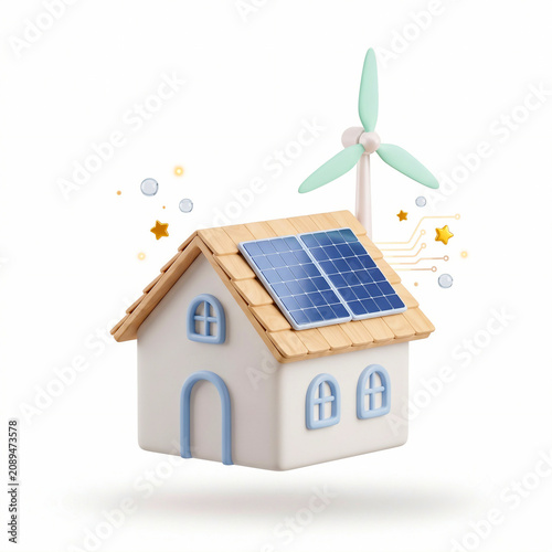 3D smart eco house icon with solar panels on wooden roof and wind turbine for clean energy, sustainable green home concept, renewable power electricity claymorphism isolated on white background