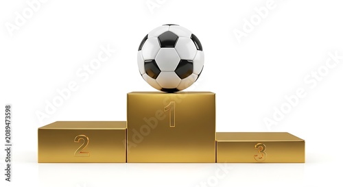 A black and white soccer ball resting on of a gold three-tiered winners podium, isolated on a white background, for sports victory