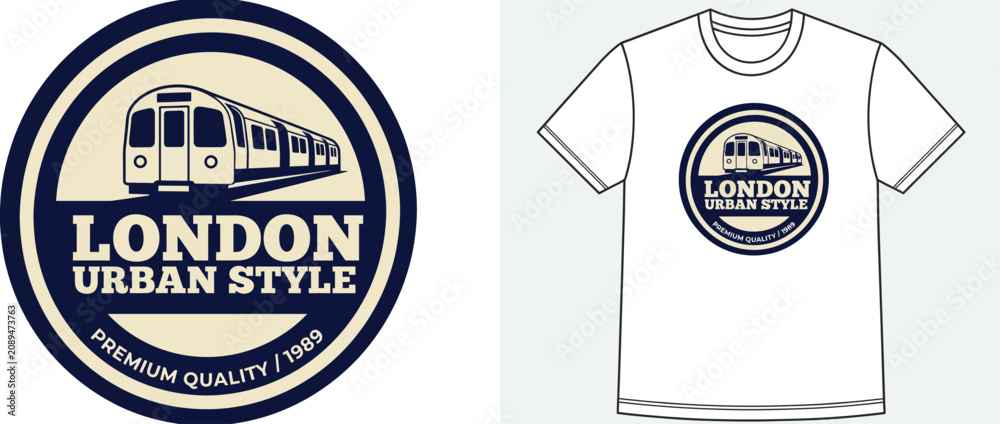 Obraz premium A trendy graphic t-shirt showcasing a stylized London train illustration, encapsulating the vibrant urban culture and iconic transportation network of the city in a modern design.