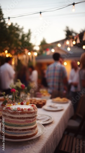 Layered birthday cake on table at outdoor garden party. People gathering in background with fairy lights. Celebration and social event with friends and family during summer evening.