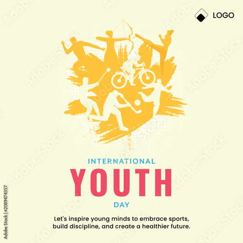 International Youth Day Greeting Card Template with Sportsperson Silhouettes on Yellow Brush Stroke Effect Background.