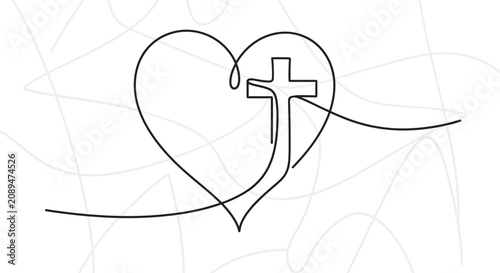 Foto Heart And Cross Line Drawing Minimalist Religious Symbol On White Background