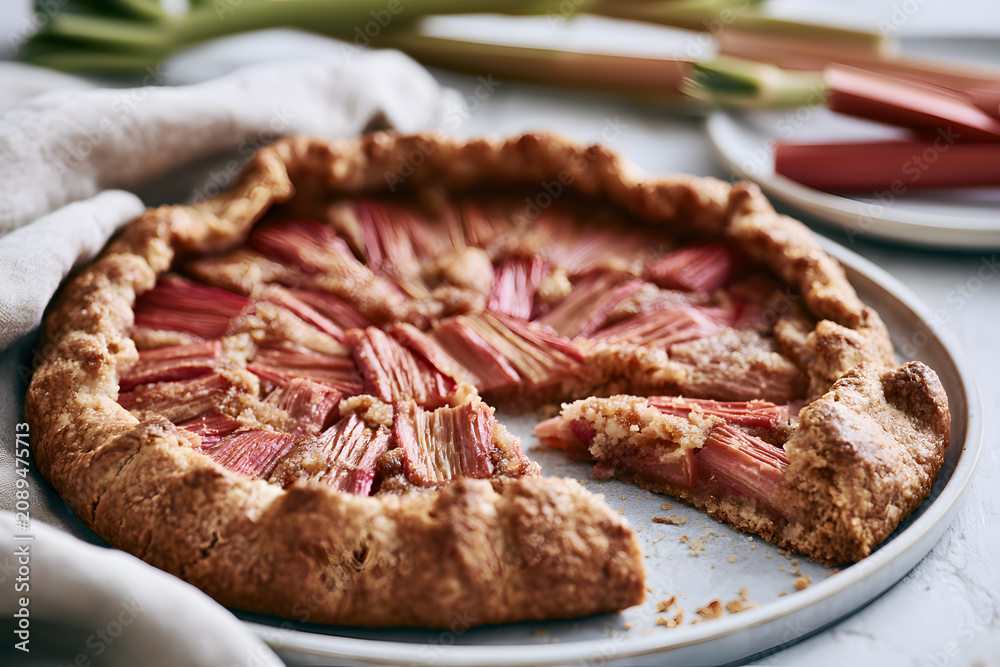 Fototapeta premium Rustic rhubarb galette with pink rhubarb ribbons on a silver plate