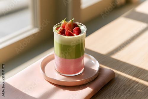 Strawberry matcha latte in layered glass on a pink plate by window
