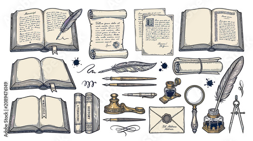 Canvastavla Vintage Writing Set: Books, Scrolls, Quills, Inkwell, Magnifying Glass, and Lett