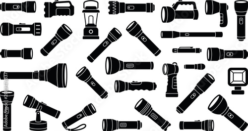 Collection of tactical flashlight silhouettes and portable camping lantern vector icons for emergency illumination outdoor survival equipment and adventure gear design