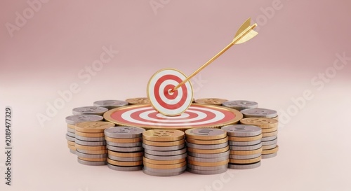 Bullseye on coins with dart, financial goal concept