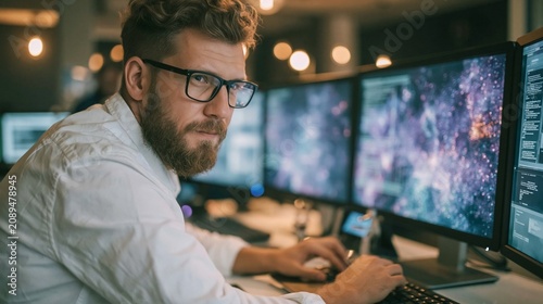 Cybersecurity expert monitoring digital threat protection system, multiple screens showing abstract network security visualization, data privacy concept