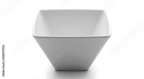 A clean white square ceramic bowl with a tapered base, isolated on a white background, for kitchenware, dining, and food presentation concepts